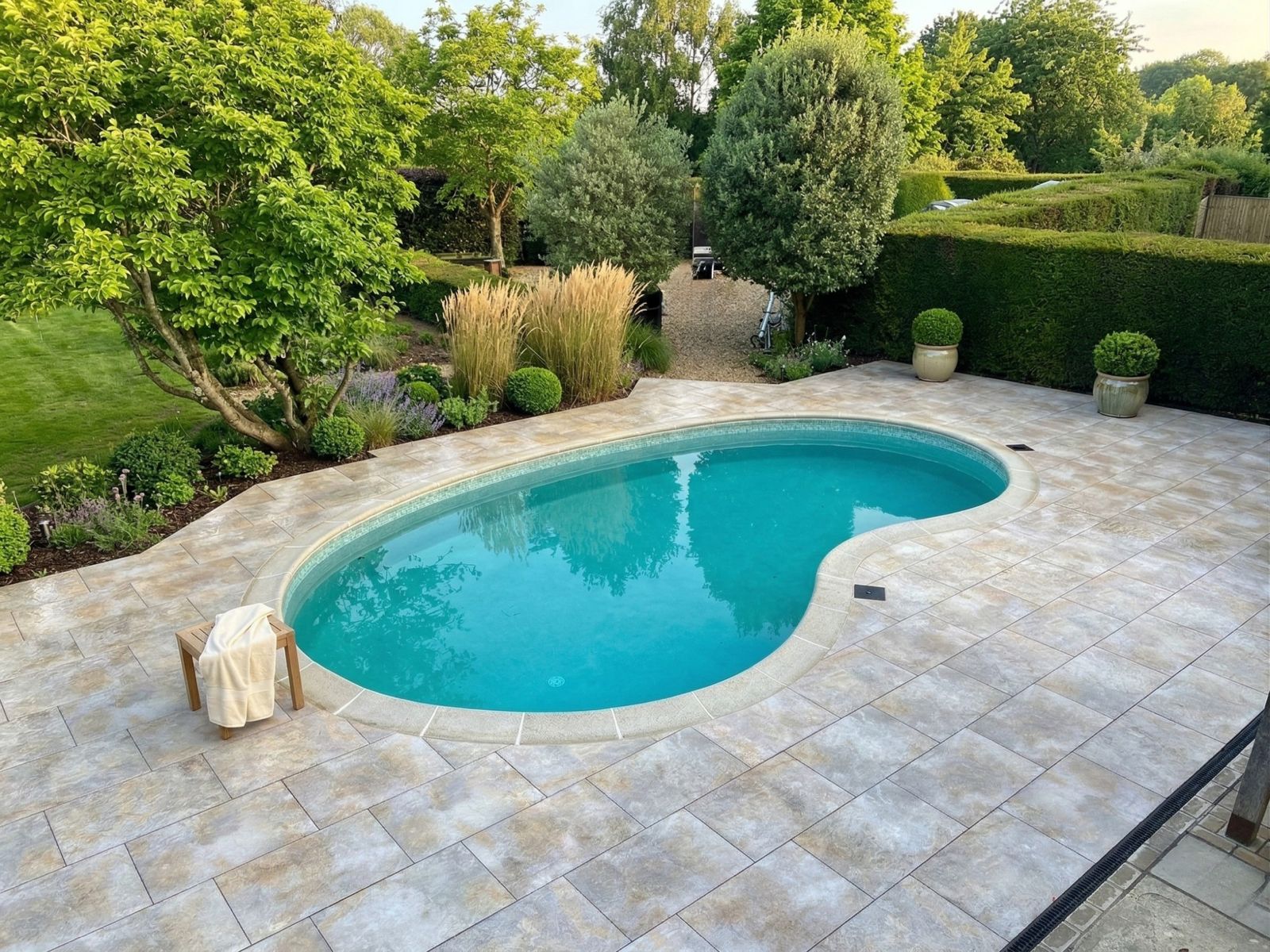 A kidney-shaped pool set into natural-stone paving, framed by clipped hedging, ornamental grasses and mature borders — a whole-garden design and build.