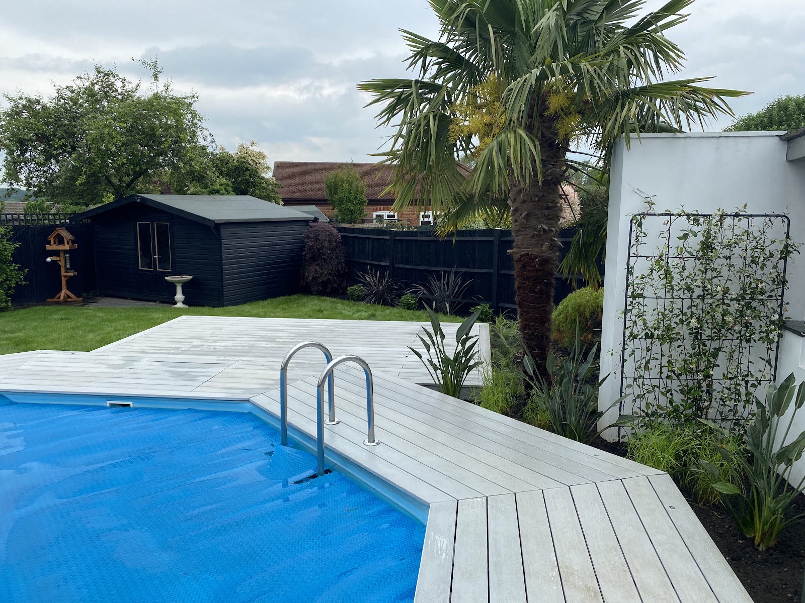Composite decking wrapped neatly around a pool, with sub-tropical planting, a palm and a painted timber store completing the scene.
